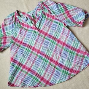Cotton Plaid Top Women's Size XL Short Sleeve Spring Colors Blouse Crown & Ivy